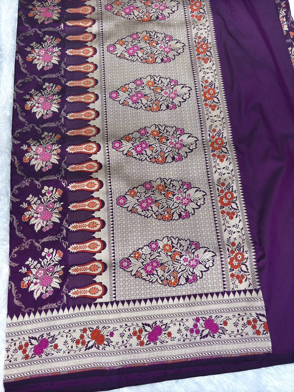 Royal Violet Katan Silk Jungla Saree with Silver Zari Jaal and Vibrant Meenakari Florals