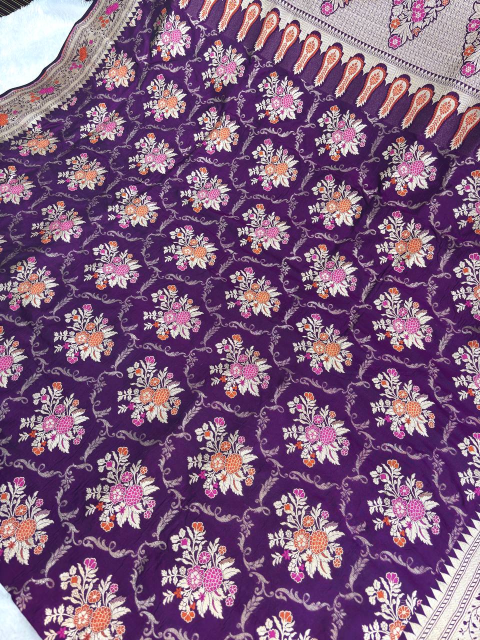 Royal Violet Katan Silk Jungla Saree with Silver Zari Jaal and Vibrant Meenakari Florals