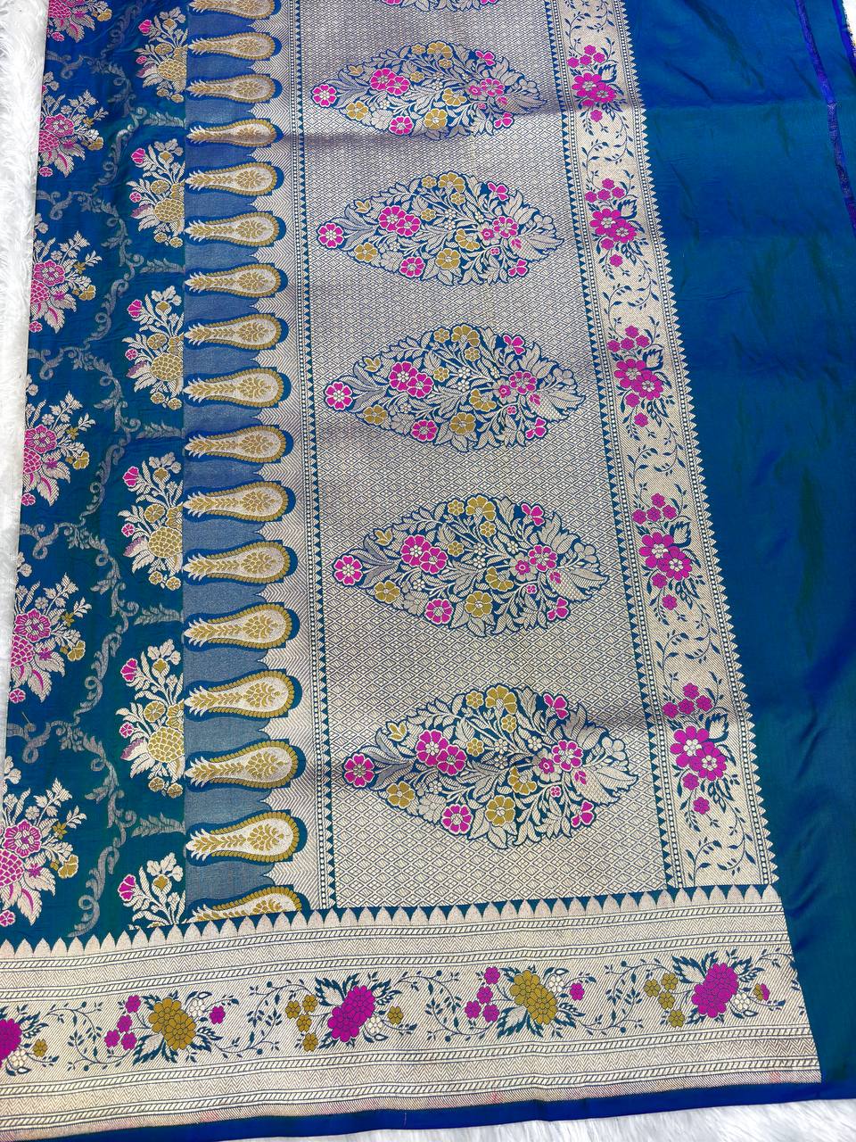 Dual-Tone Rama Blue & Emerald Katan Silk Jungla Saree with Silver Zari and Pink Meenakari