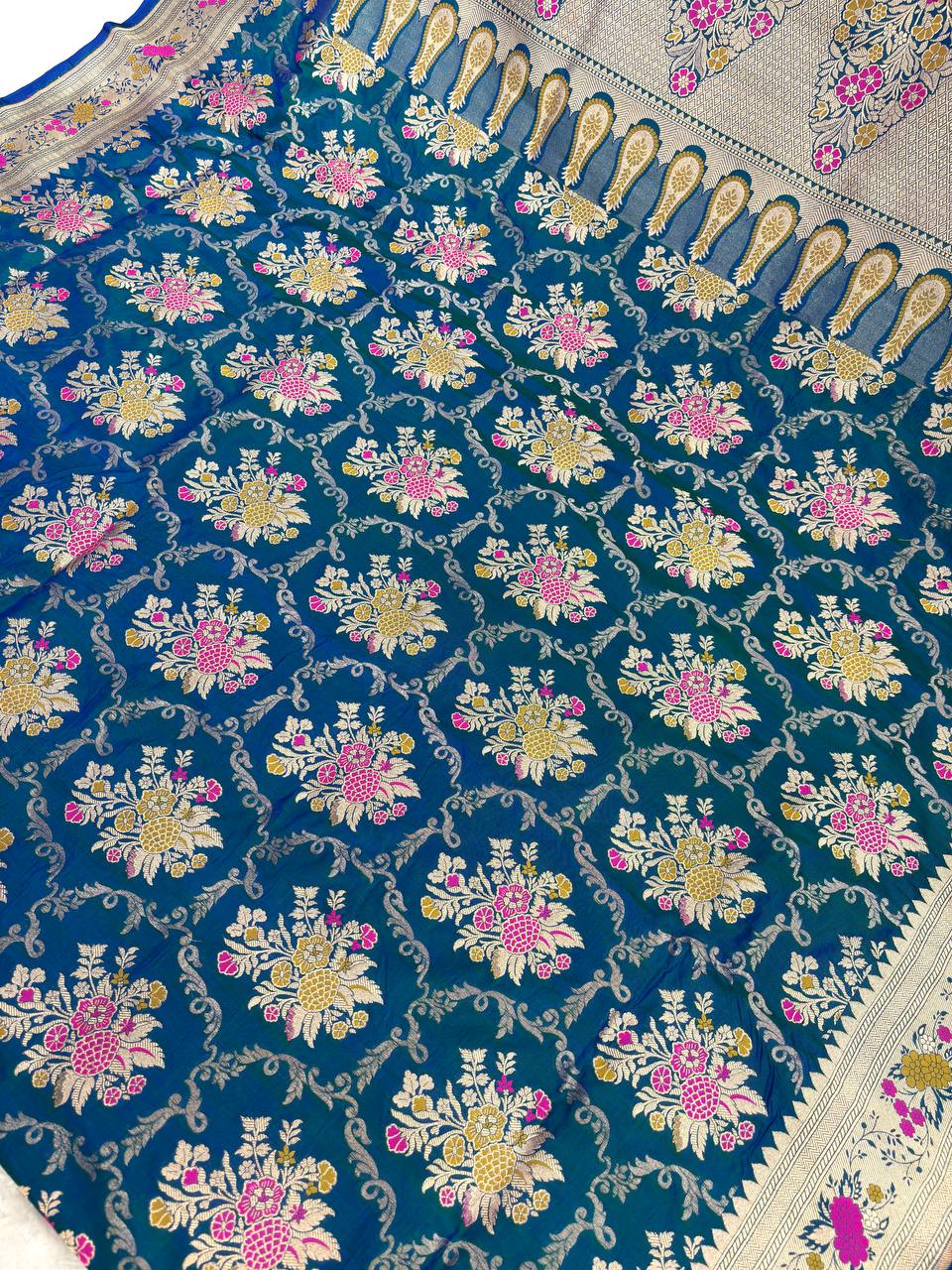 Dual-Tone Rama Blue & Emerald Katan Silk Jungla Saree with Silver Zari and Pink Meenakari