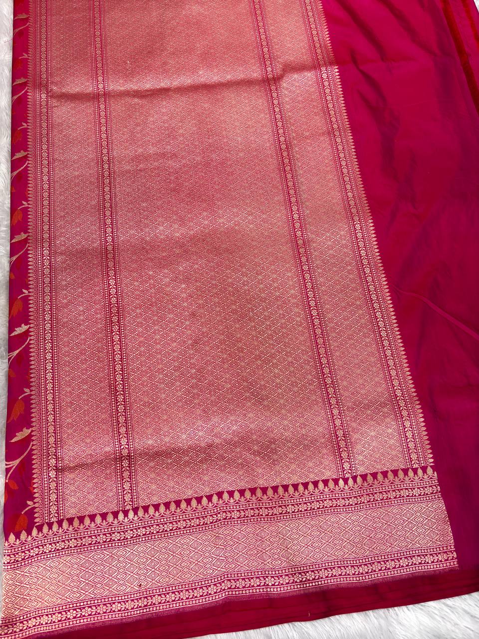 Crimson Rose Katan Silk Jungla Saree with Gold Zari Jaal and Fiery Red Meenakari