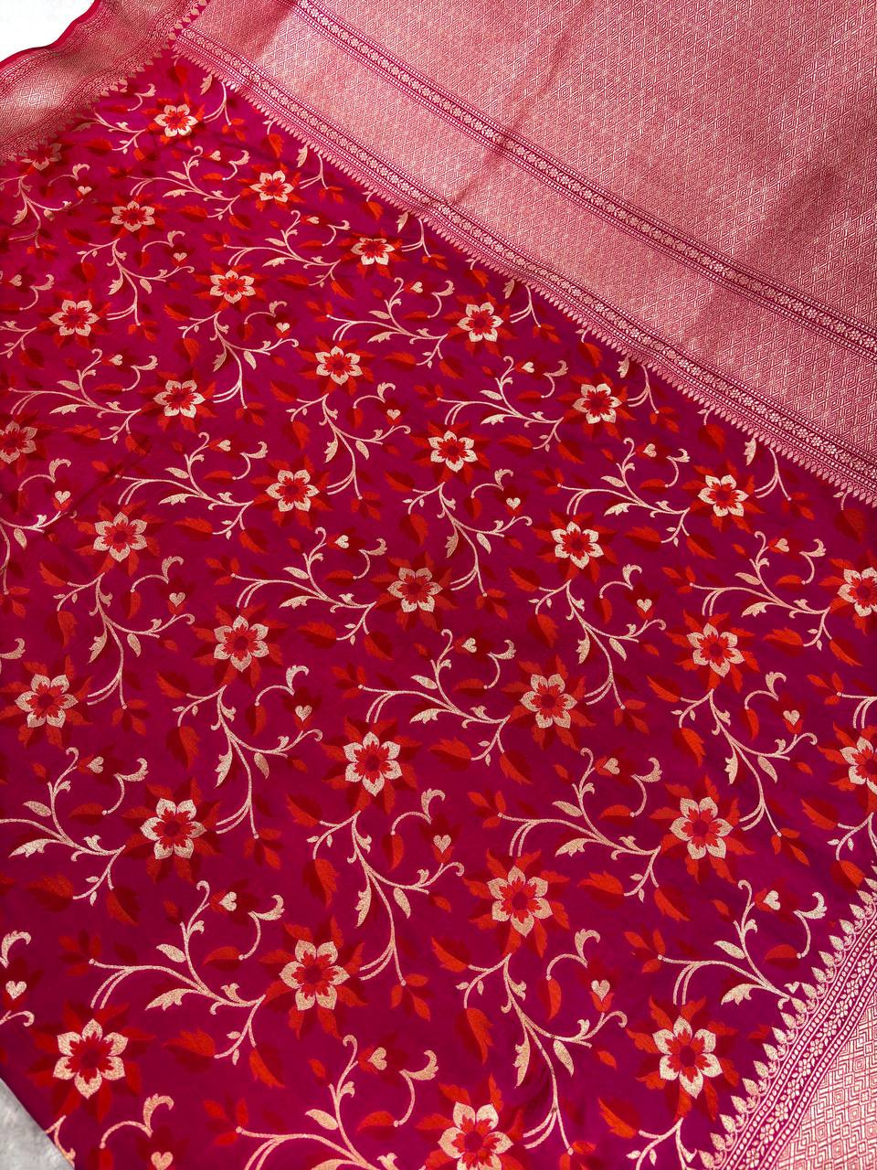 Crimson Rose Katan Silk Jungla Saree with Gold Zari Jaal and Fiery Red Meenakari