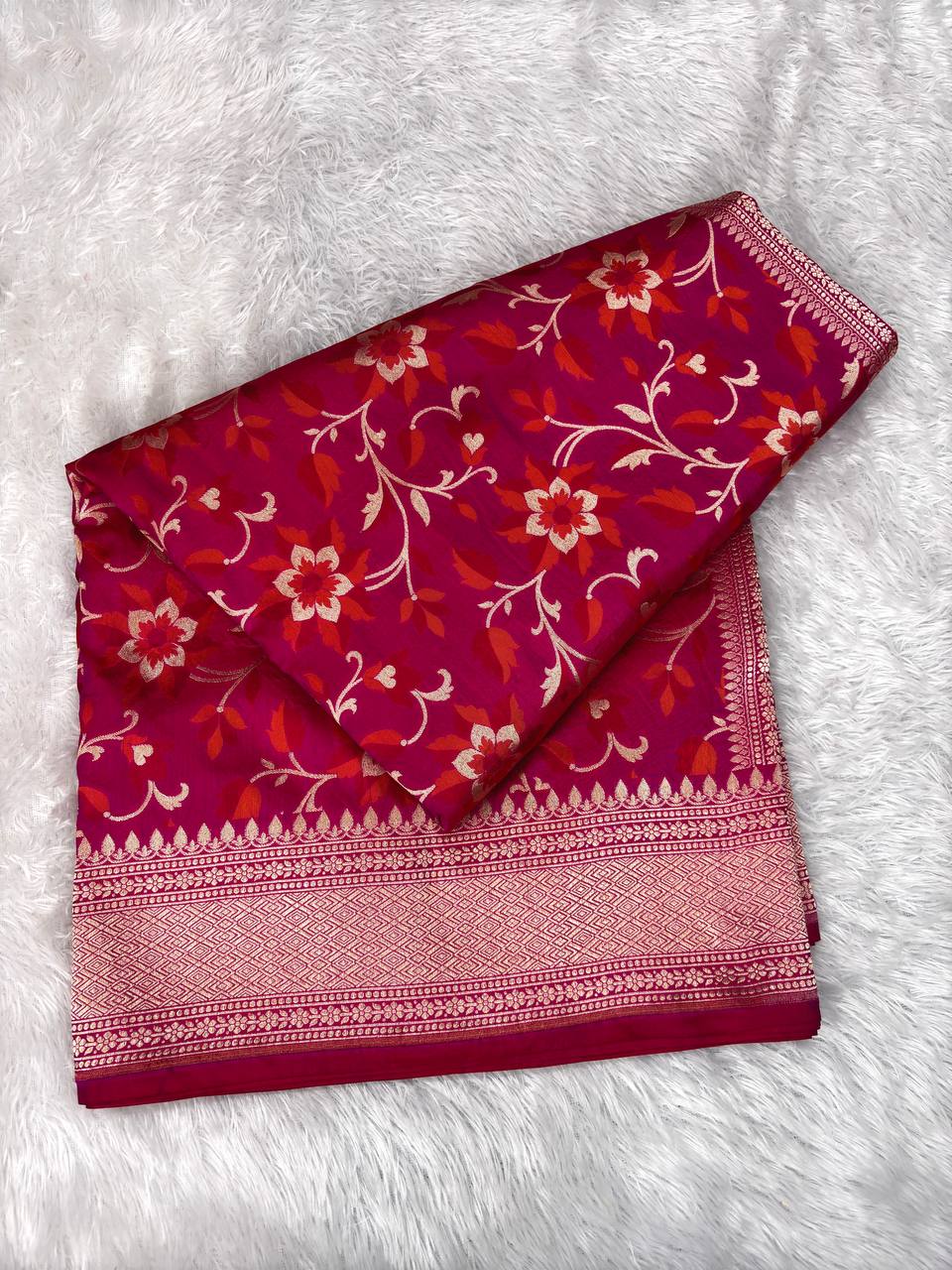 Crimson Rose Katan Silk Jungla Saree with Gold Zari Jaal and Fiery Red Meenakari
