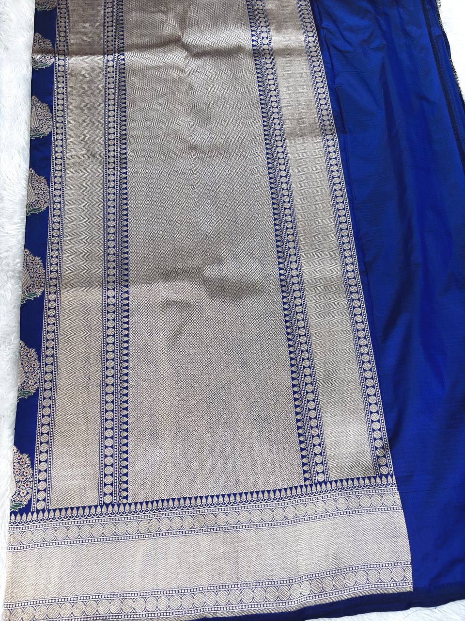 Royal Blue Katan Silk Butidar Saree with Shimmering Silver Zari and Leaf Green Meenakari