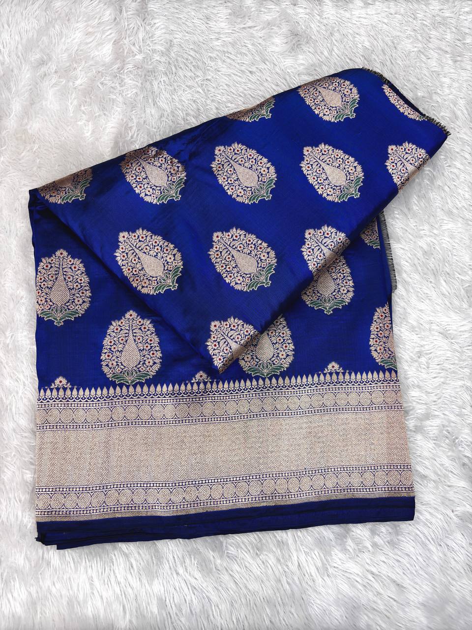 Royal Blue Katan Silk Butidar Saree with Shimmering Silver Zari and Leaf Green Meenakari