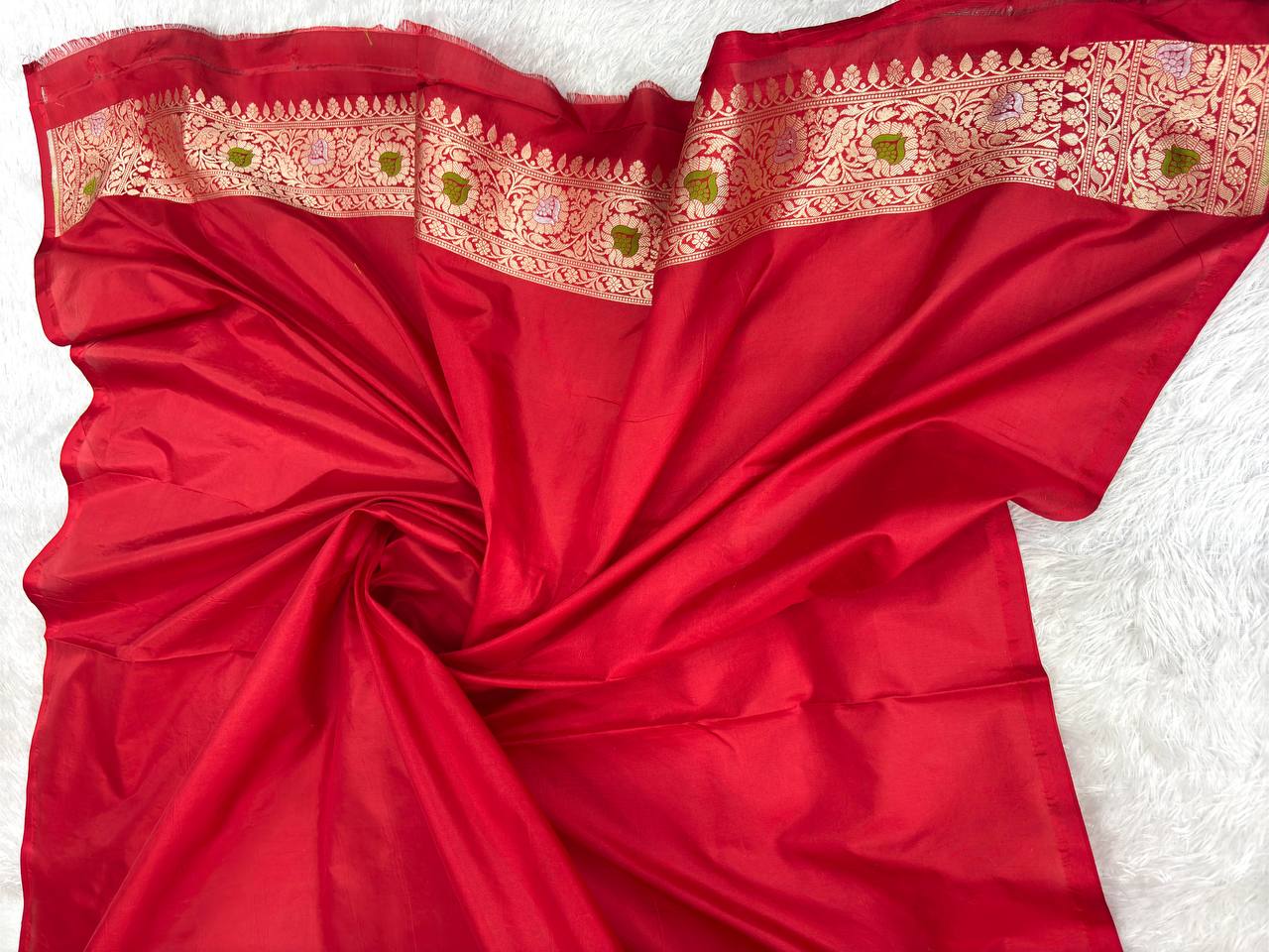 Bridal Blood Red Katan Silk Jungla Saree with Antique Gold Jaal and Pastel Meenakari
