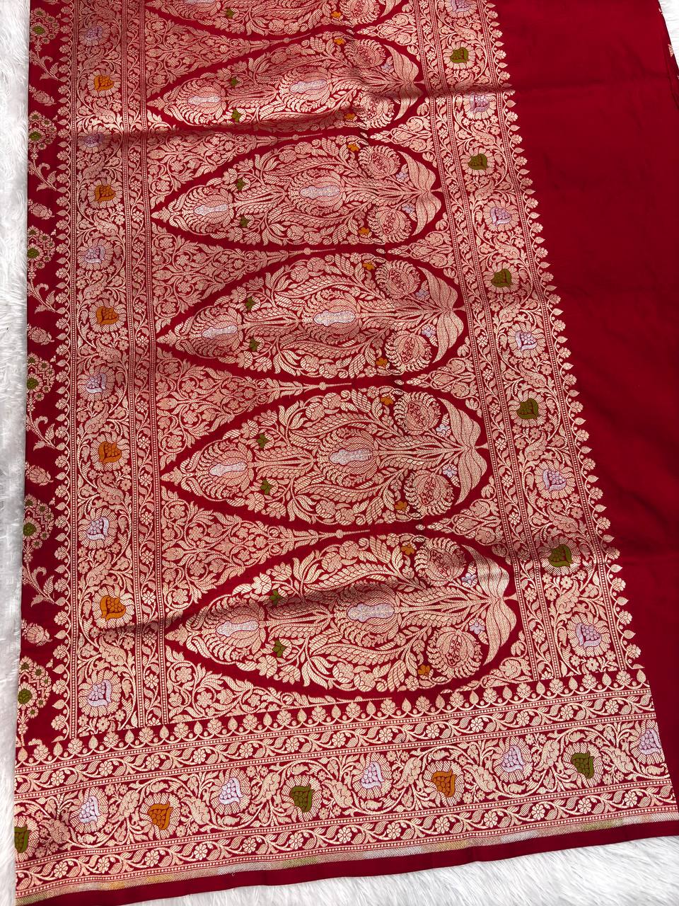 Bridal Blood Red Katan Silk Jungla Saree with Antique Gold Jaal and Pastel Meenakari
