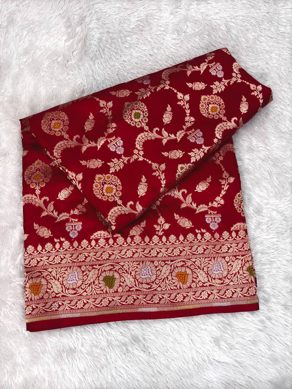 Bridal Blood Red Katan Silk Jungla Saree with Antique Gold Jaal and Pastel Meenakari