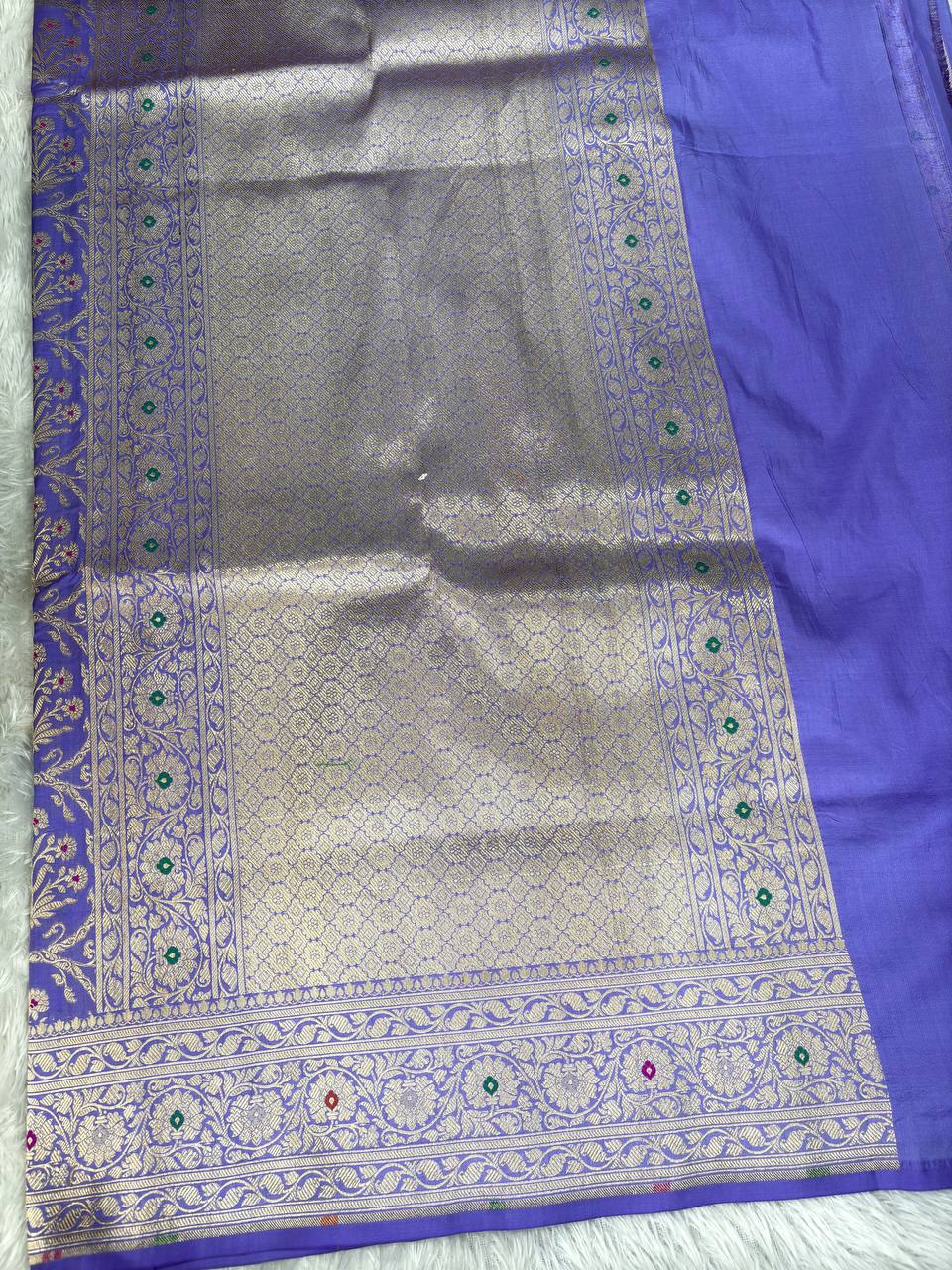 Lavender Mist Katan Silk Jungla Saree with Antique Zari Jaal and Multi-Color Meenakari
