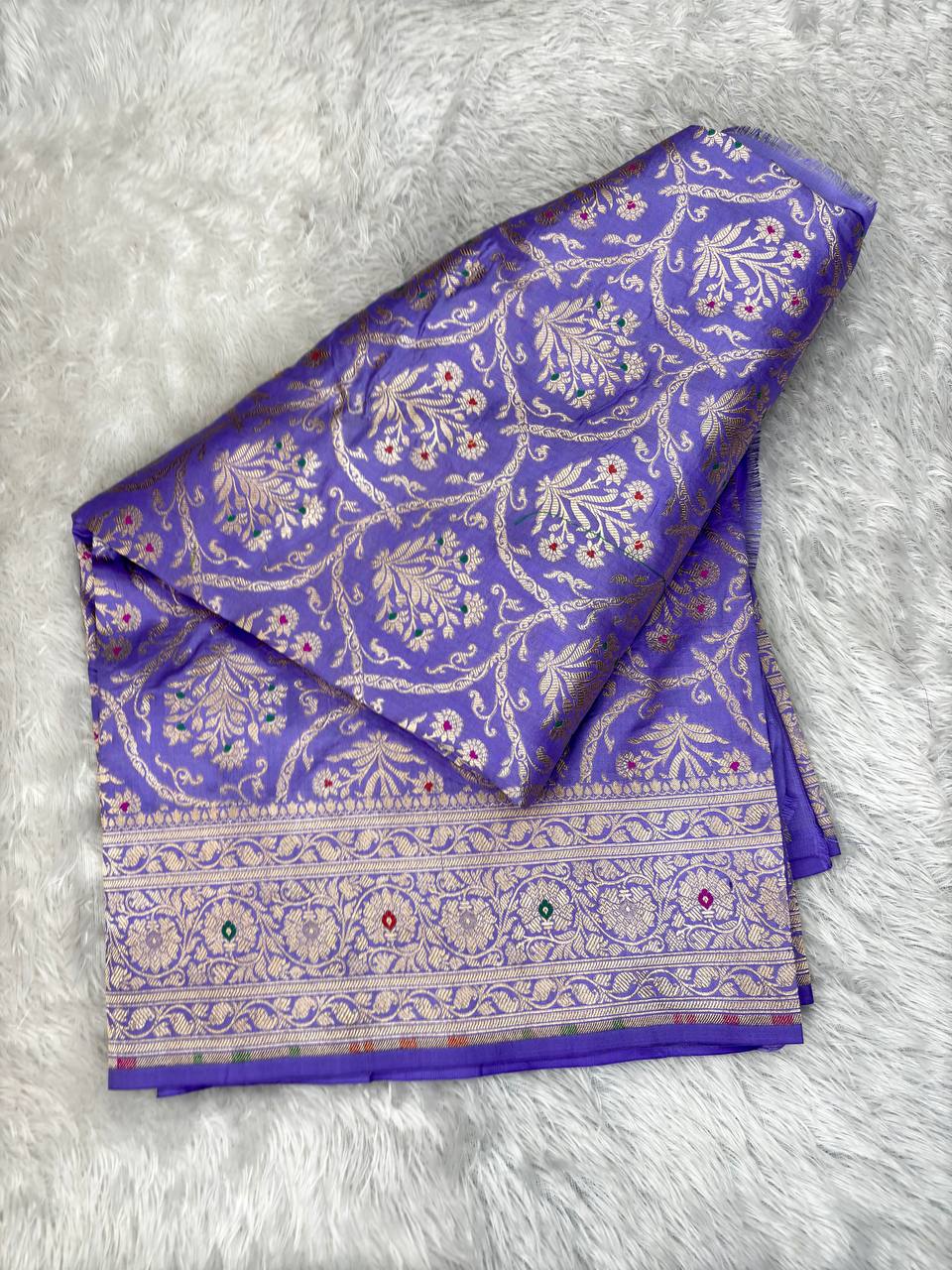 Lavender Mist Katan Silk Jungla Saree with Antique Zari Jaal and Multi-Color Meenakari