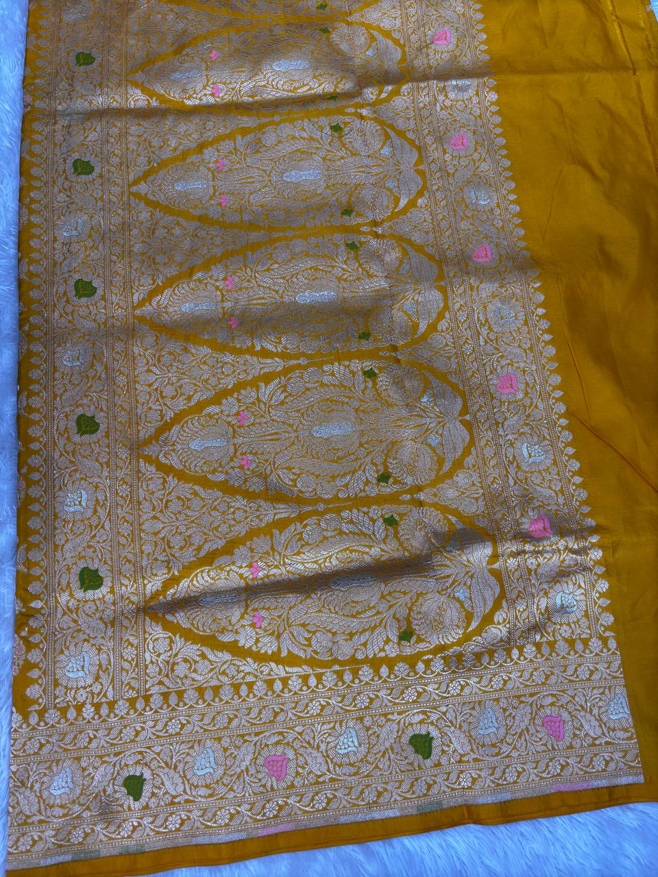 Bright Mustard Katan Silk Jungla Saree with Shimmering Silver Jaal and Pastel Meenakari