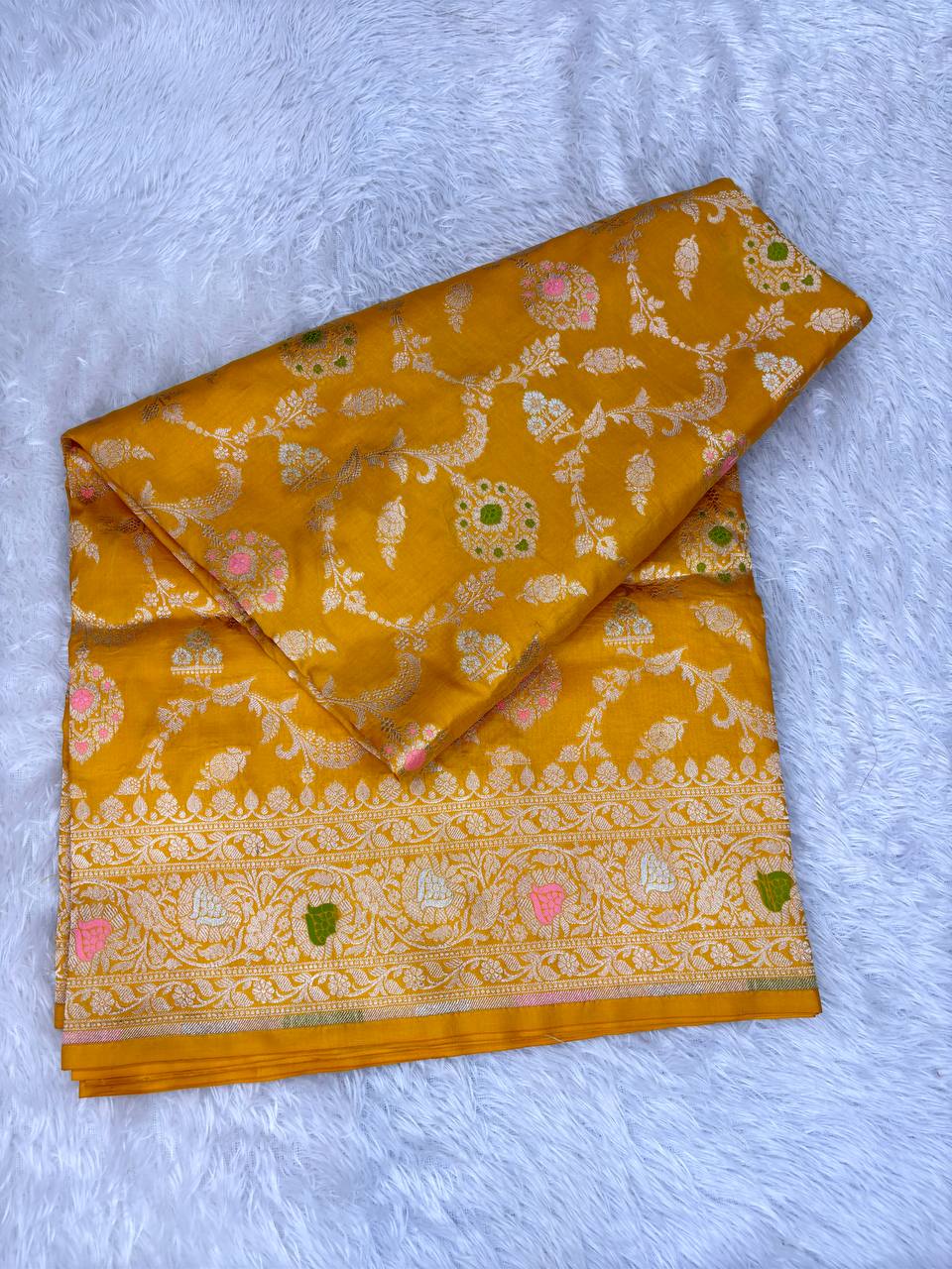 Bright Mustard Katan Silk Jungla Saree with Shimmering Silver Jaal and Pastel Meenakari