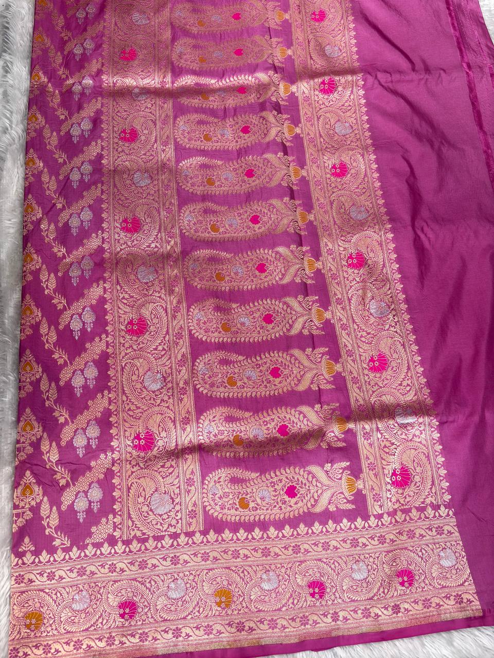 Onion Pink Katan Silk Jungla Saree with Silver Zari Bel and Multi-Color Meenakari