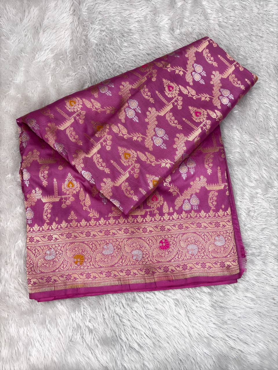 Onion Pink Katan Silk Jungla Saree with Silver Zari Bel and Multi-Color Meenakari