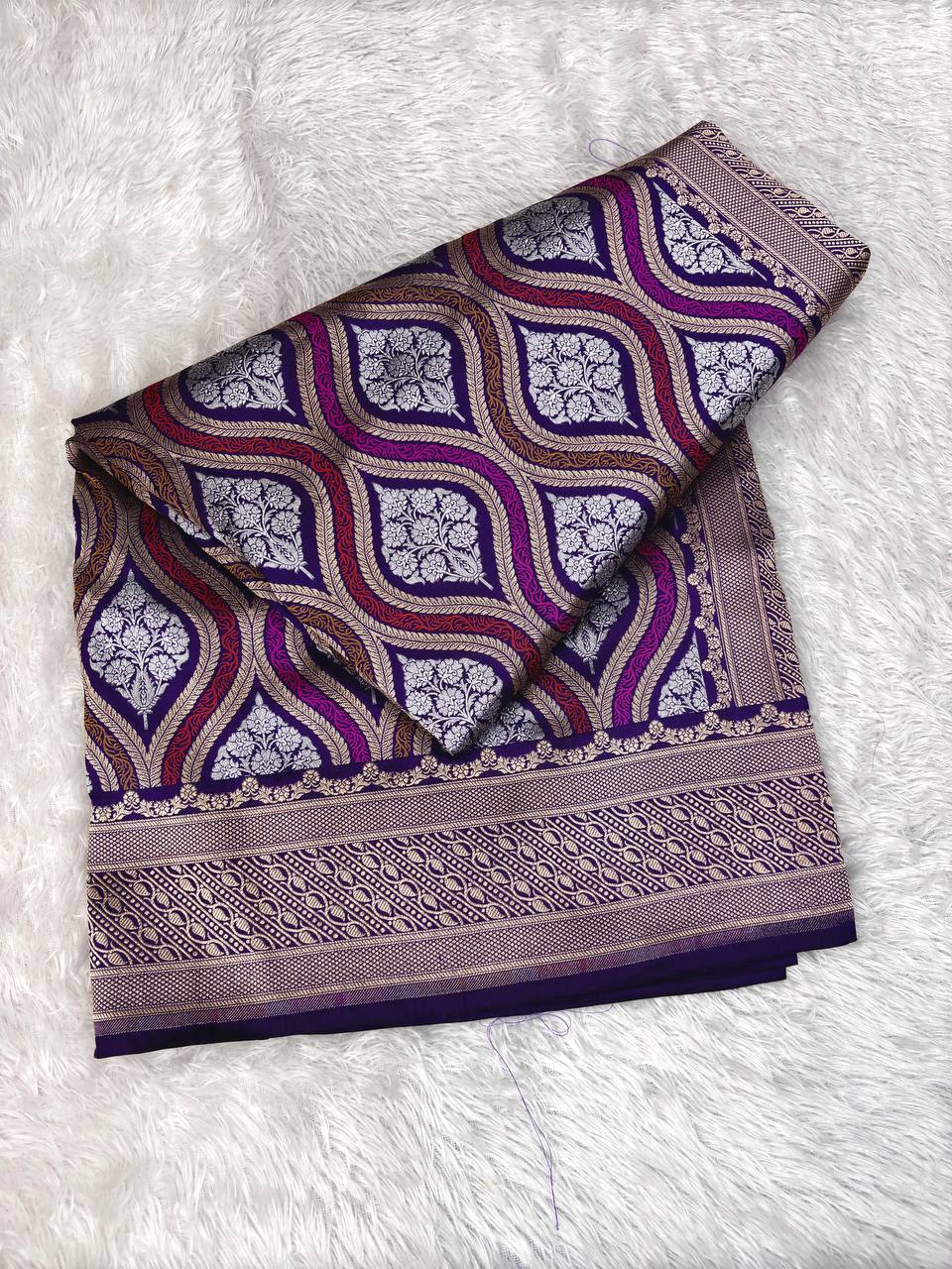 Royal Purple Katan Silk Saree with Silver Zari Ogee Jaal and Magenta Meenakari Waves
