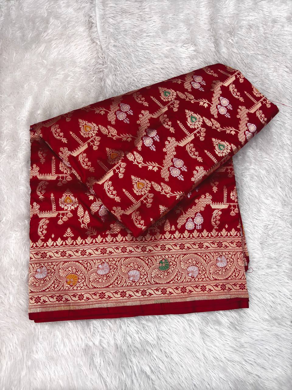 Bridal Scarlet Red Katan Silk Saree with Antique Gold Diagonal Bel and Jewel-Toned Meenakari