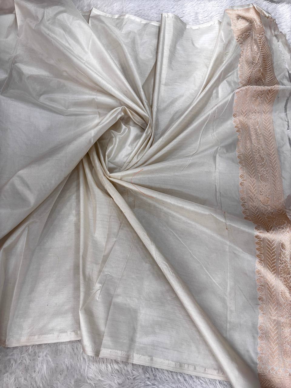 Pearl White Katan Silk Butidar Saree with Copper-Gold Zari and Rainbow Meenakari Teardrops