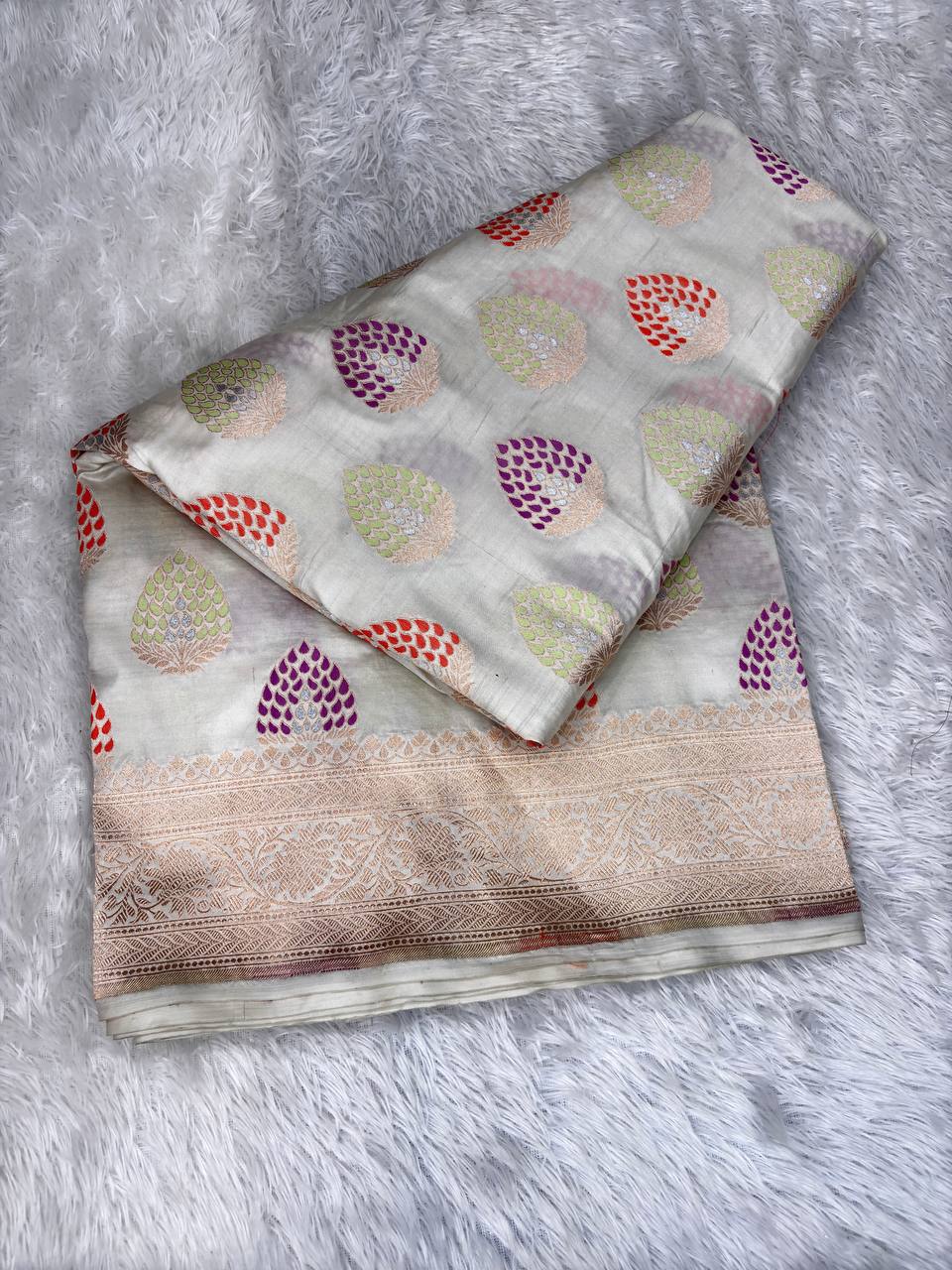 Pearl White Katan Silk Butidar Saree with Copper-Gold Zari and Rainbow Meenakari Teardrops