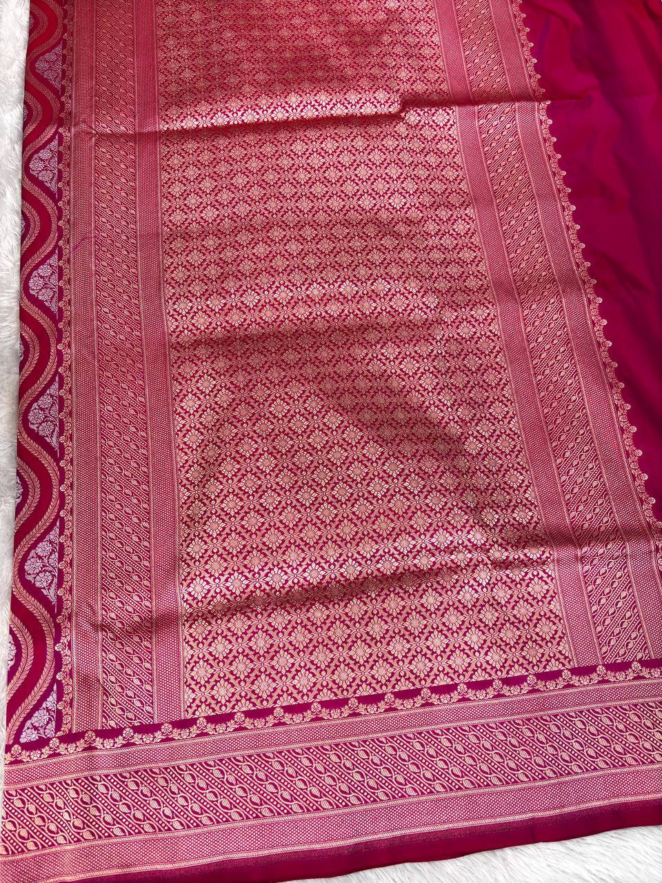 Magenta Red Katan Silk Saree with Silver Zari Ogee Jaal and Traditional Meenakari Florals
