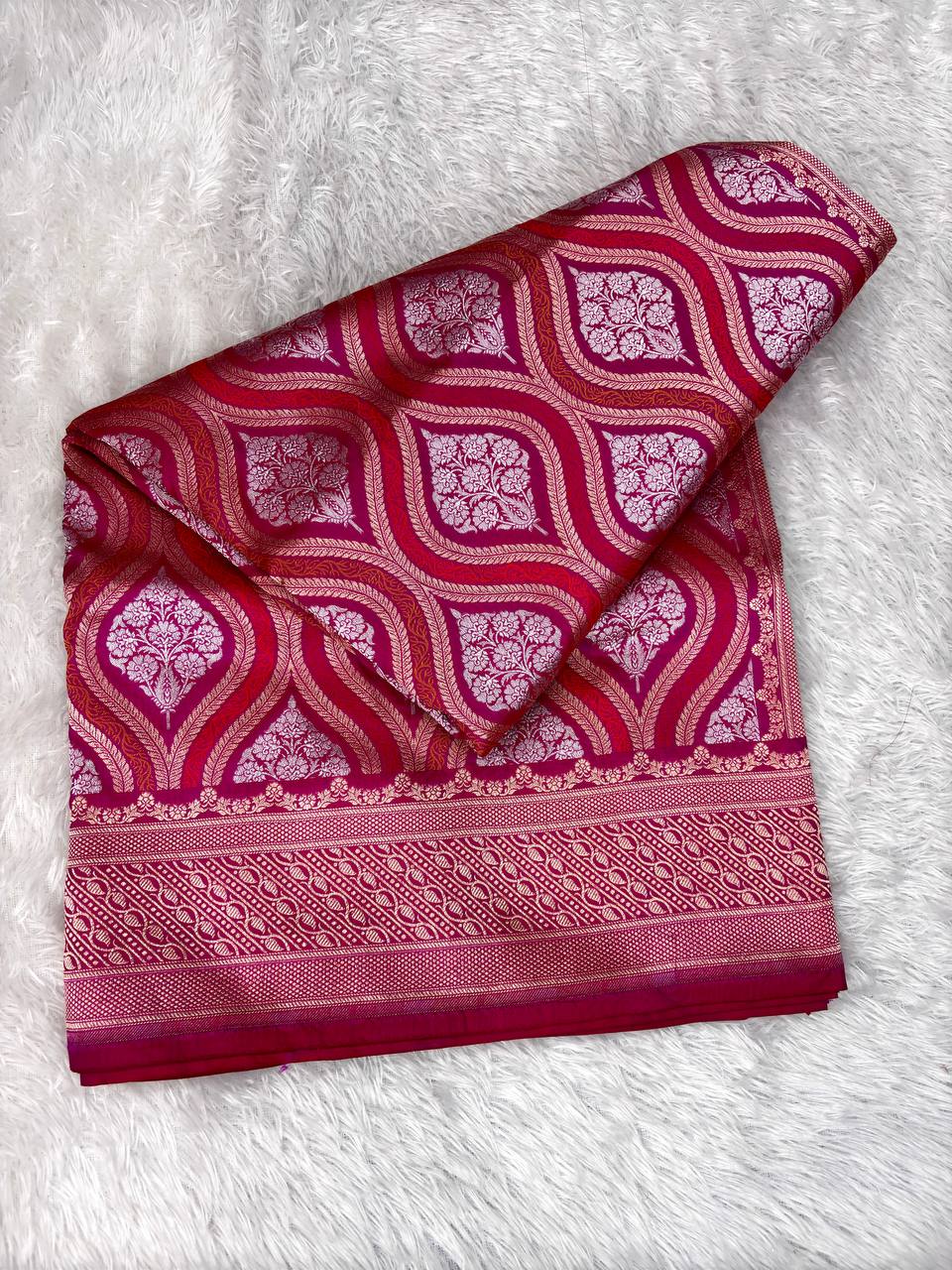 Magenta Red Katan Silk Saree with Silver Zari Ogee Jaal and Traditional Meenakari Florals