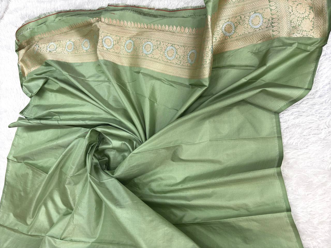 Sage Green Katan Silk Handloom Banarasi Jungla Saree with Silver Zari & Meenakari Cutwork