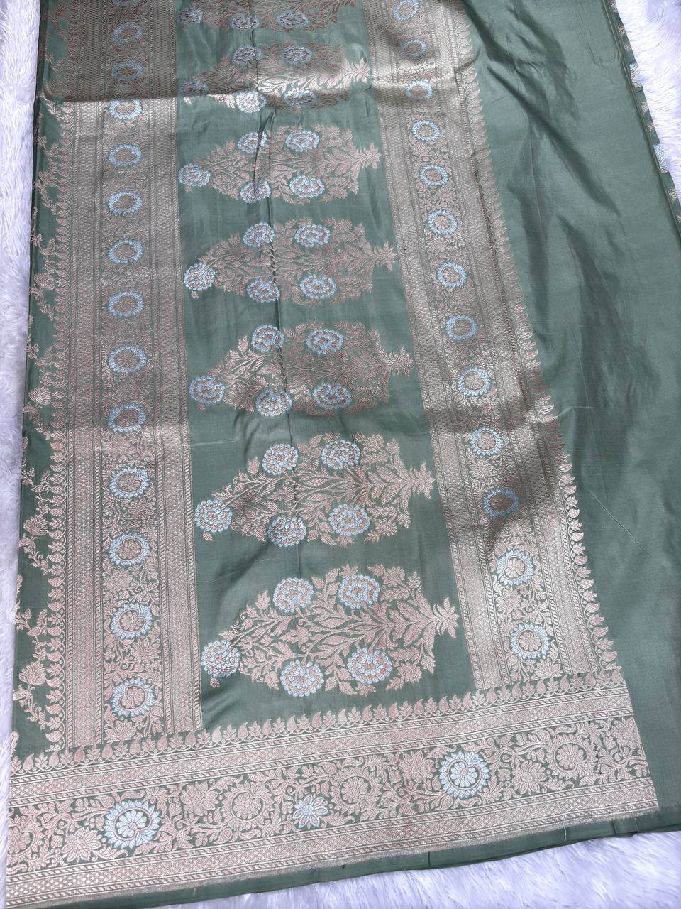 Sage Green Katan Silk Handloom Banarasi Jungla Saree with Silver Zari & Meenakari Cutwork