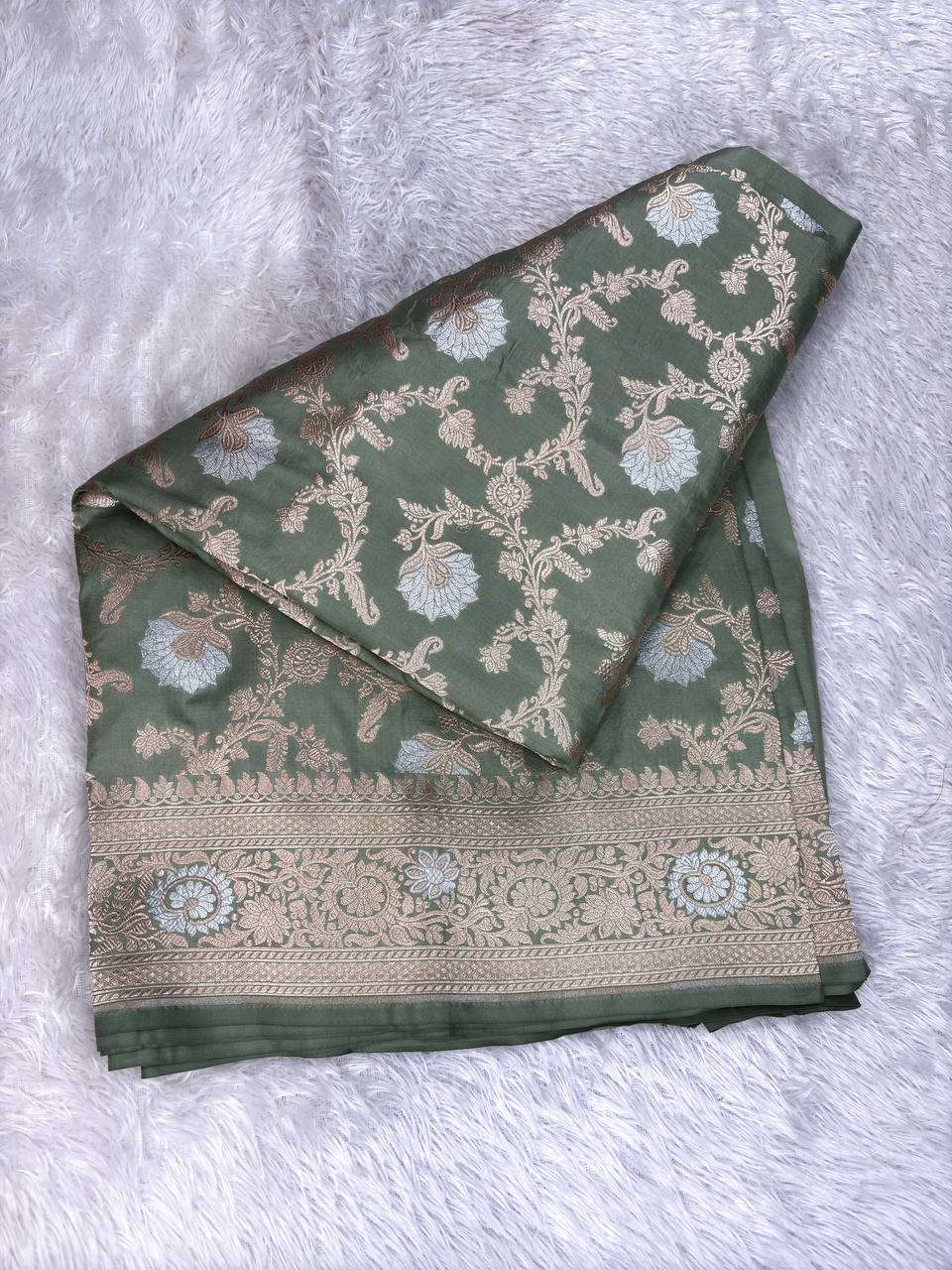 Sage Green Katan Silk Handloom Banarasi Jungla Saree with Silver Zari & Meenakari Cutwork