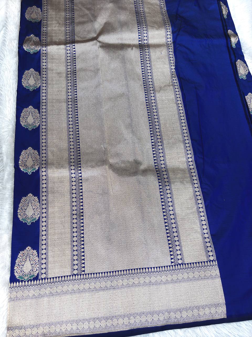 Royal Blue Handwoven Katan Silk Banarasi Saree with Silver Zari Meenakari Buta and Cutwork Border