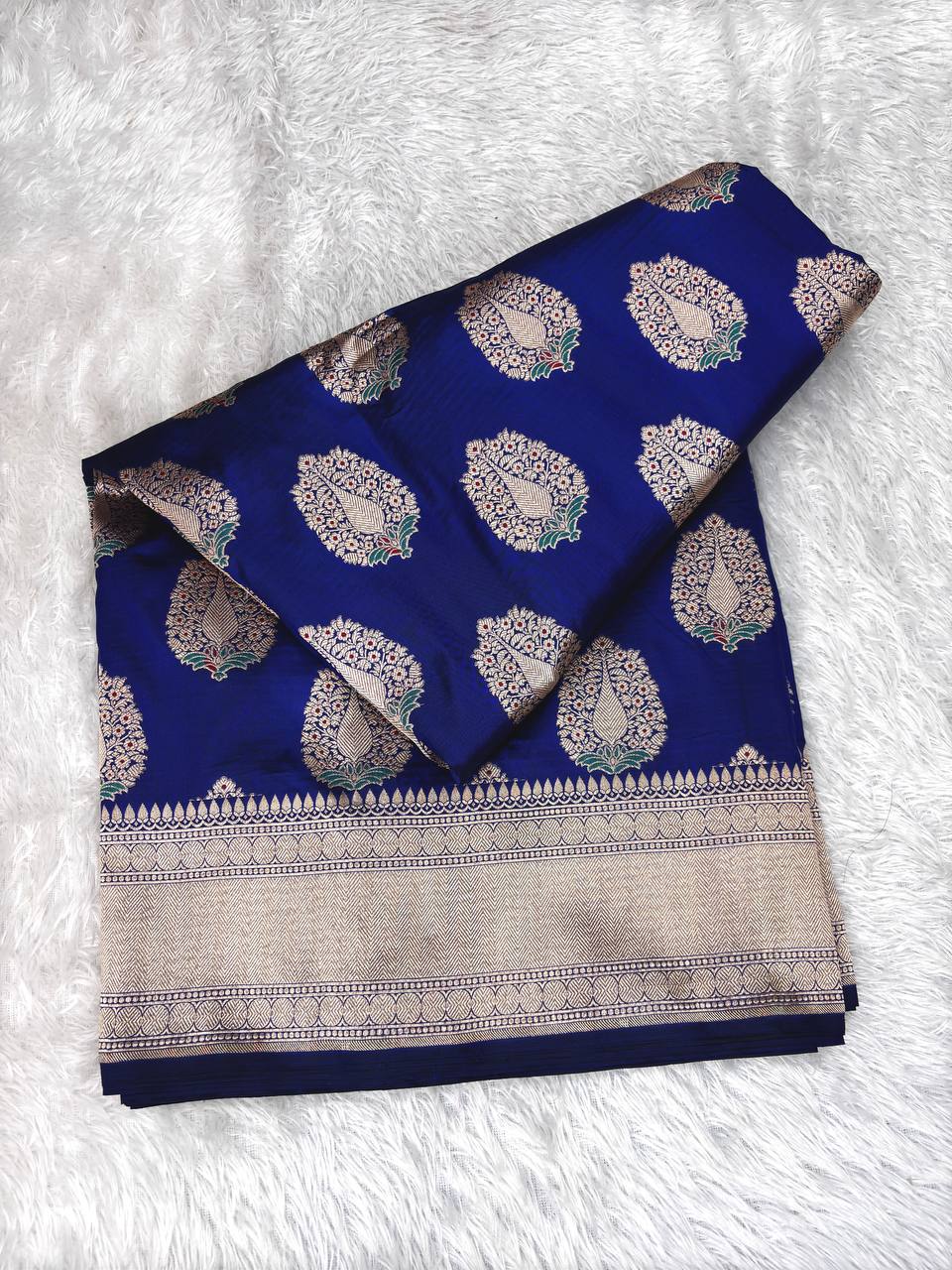 Royal Blue Handwoven Katan Silk Banarasi Saree with Silver Zari Meenakari Buta and Cutwork Border