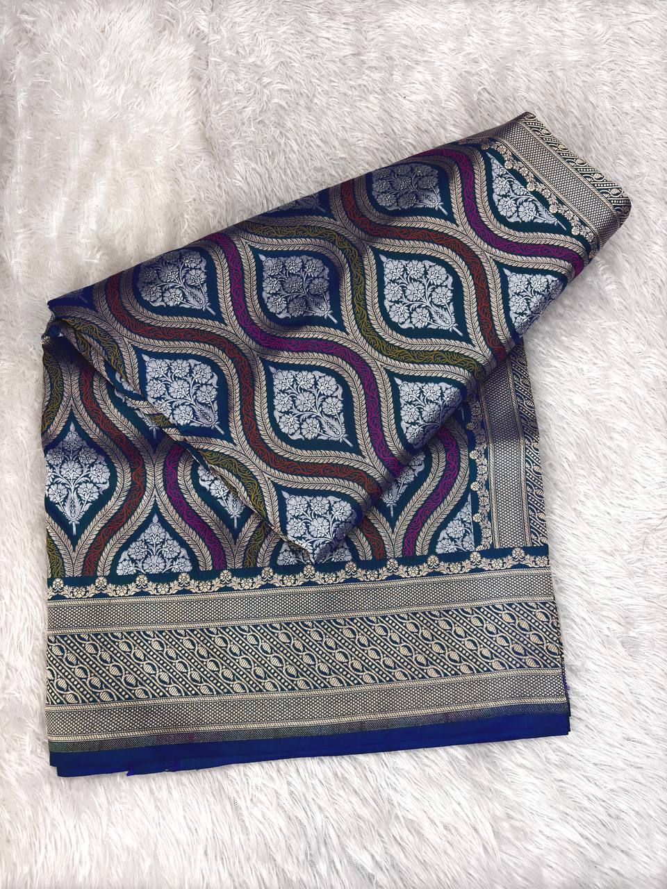 Rama Teal Handwoven Banarasi Katan Silk Jungla Saree with Multicolor Meenakari Waves and Silver Zari