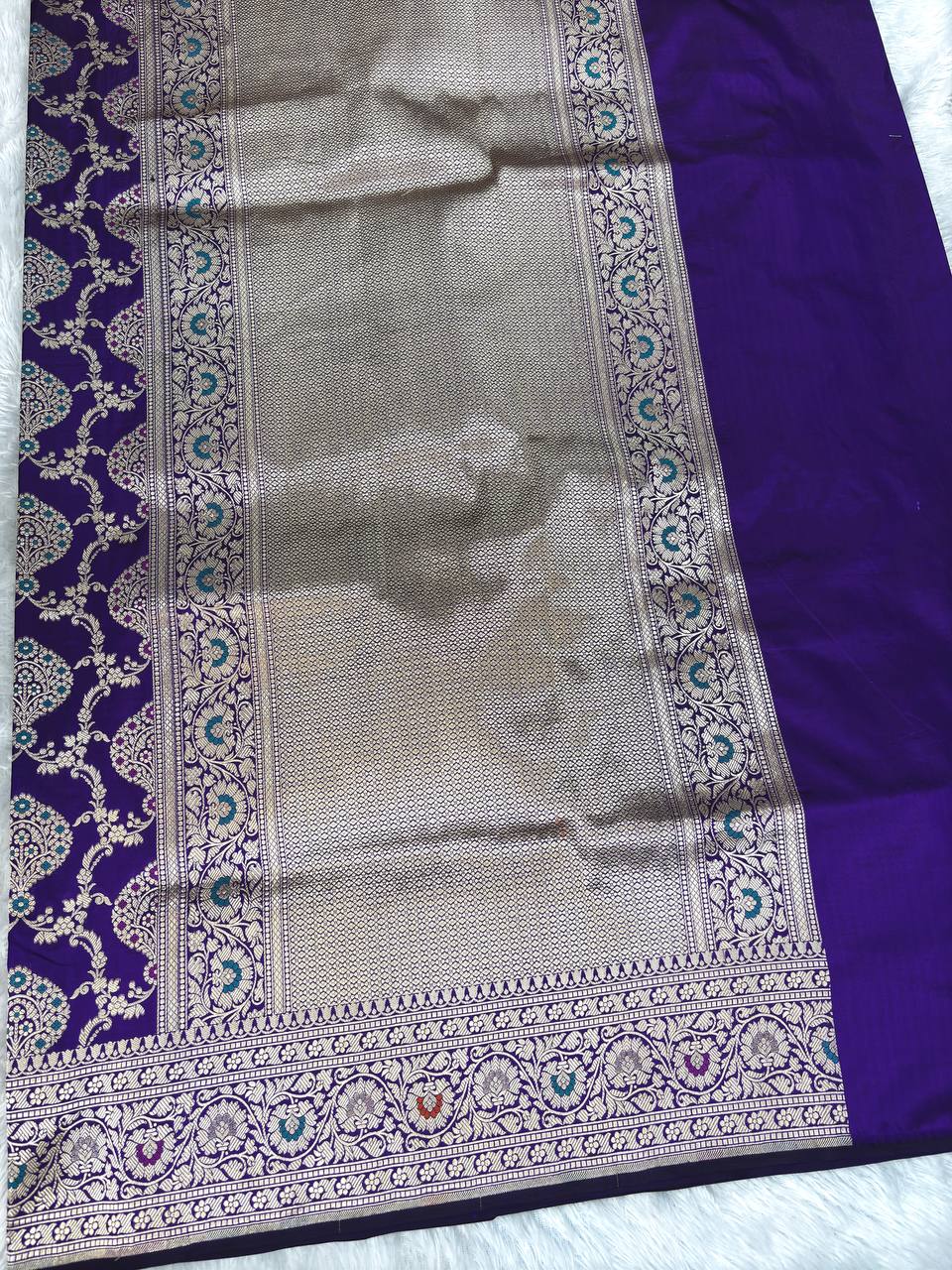 Deep Purple Handwoven Katan Silk Banarasi Saree with Silver Zari Jungla Jaal and Meenakari Detailing