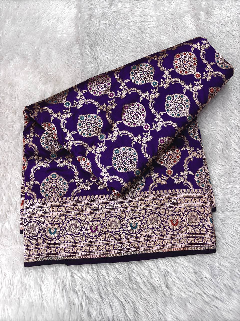 Deep Purple Handwoven Katan Silk Banarasi Saree with Silver Zari Jungla Jaal and Meenakari Detailing
