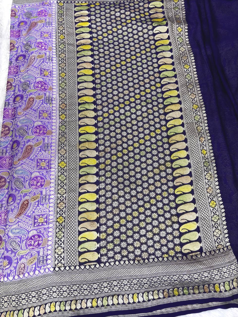 Royal Purple Khaddi Georgette Saree with Kinkhwab Meenakari Jaal and Shikargah-Inspired Borders