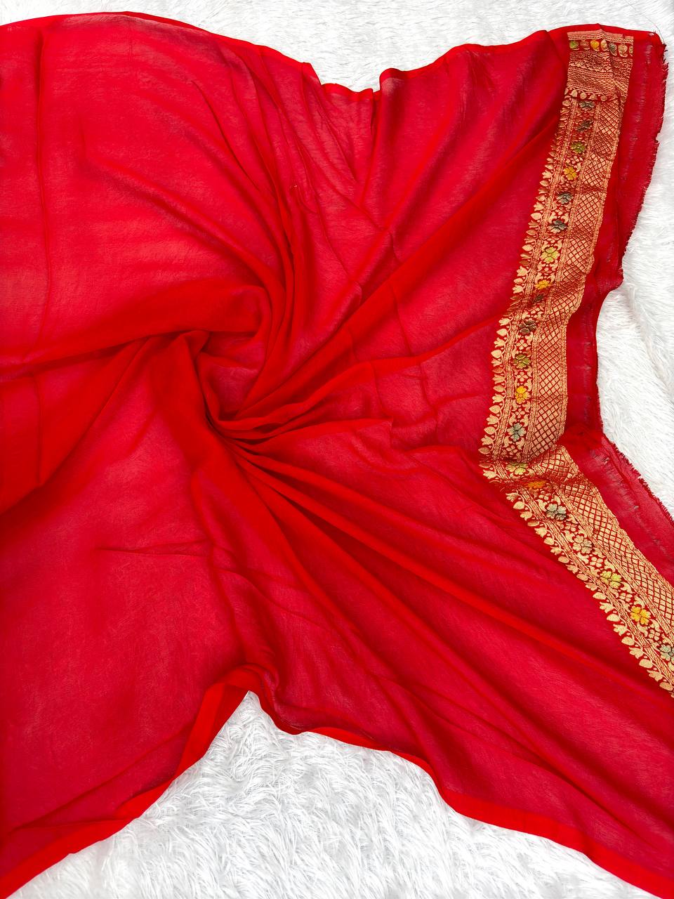White & Crimson Red Khaddi Georgette Saree with Kinkhwab Meenakari Jaal and Floral Medallions