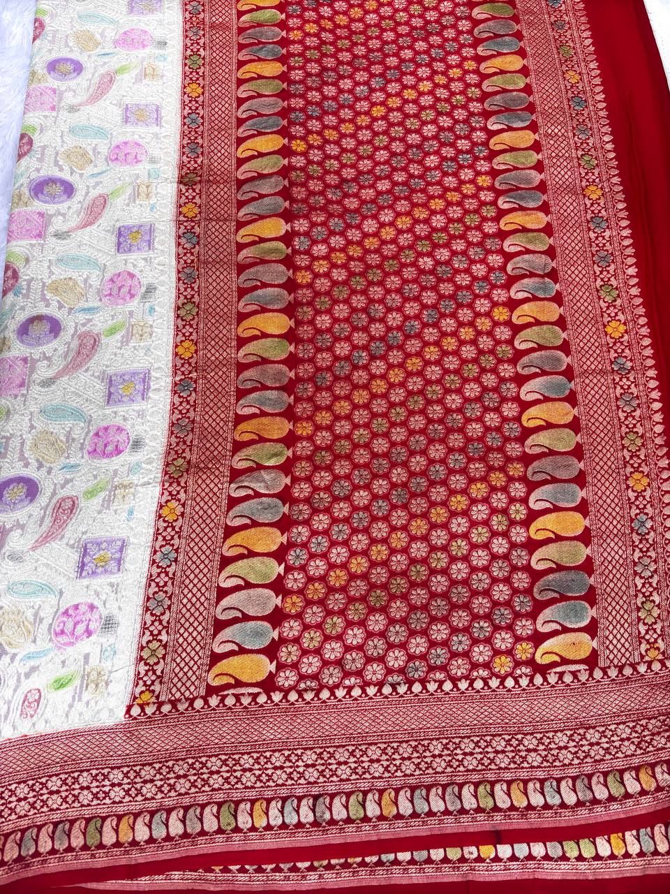 White & Crimson Red Khaddi Georgette Saree with Kinkhwab Meenakari Jaal and Floral Medallions