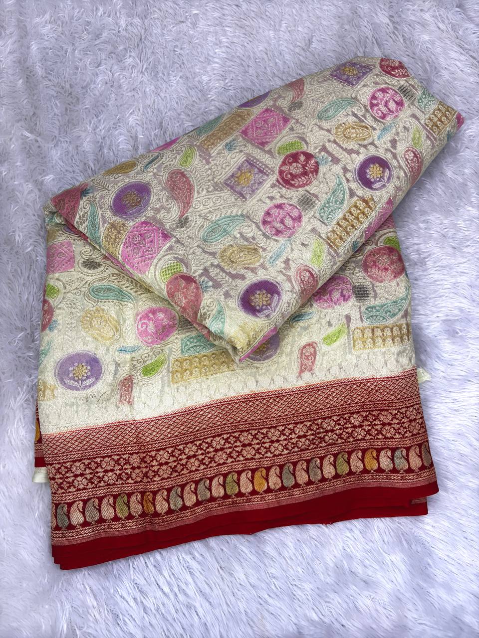White & Crimson Red Khaddi Georgette Saree with Kinkhwab Meenakari Jaal and Floral Medallions