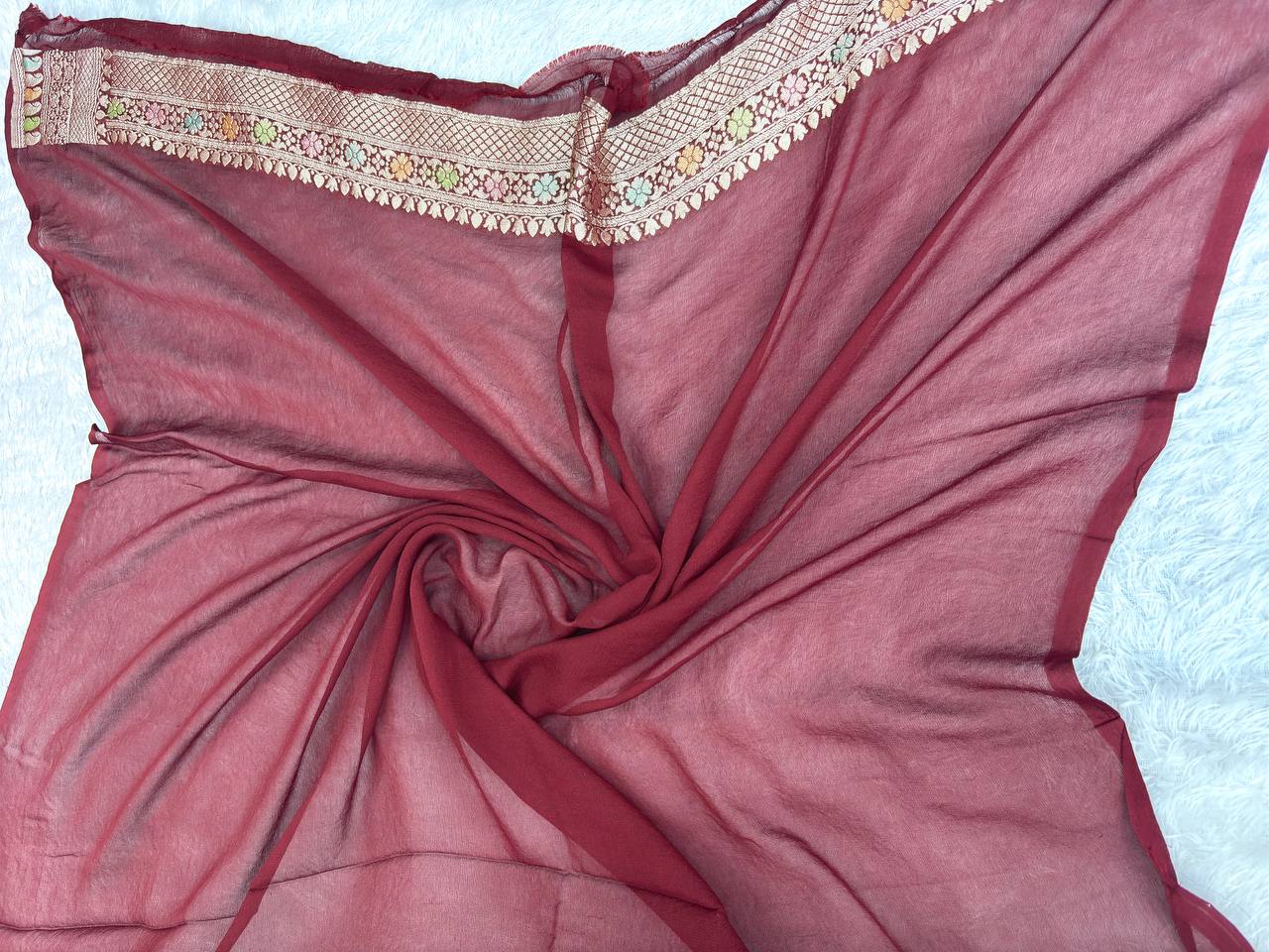 Wine & Cream Khaddi Georgette Saree with Antique Kinkhwab Jaal and Rainbow Meenakari Borders