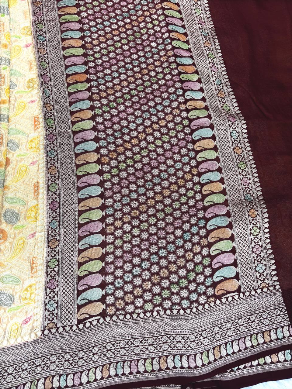 Wine & Cream Khaddi Georgette Saree with Antique Kinkhwab Jaal and Rainbow Meenakari Borders