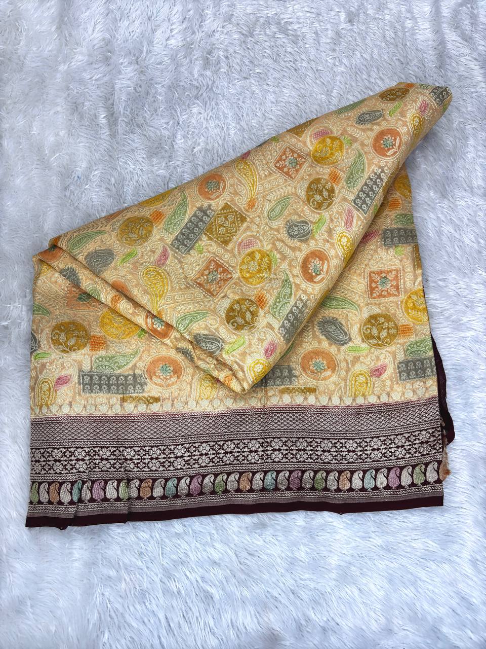 Wine & Cream Khaddi Georgette Saree with Antique Kinkhwab Jaal and Rainbow Meenakari Borders