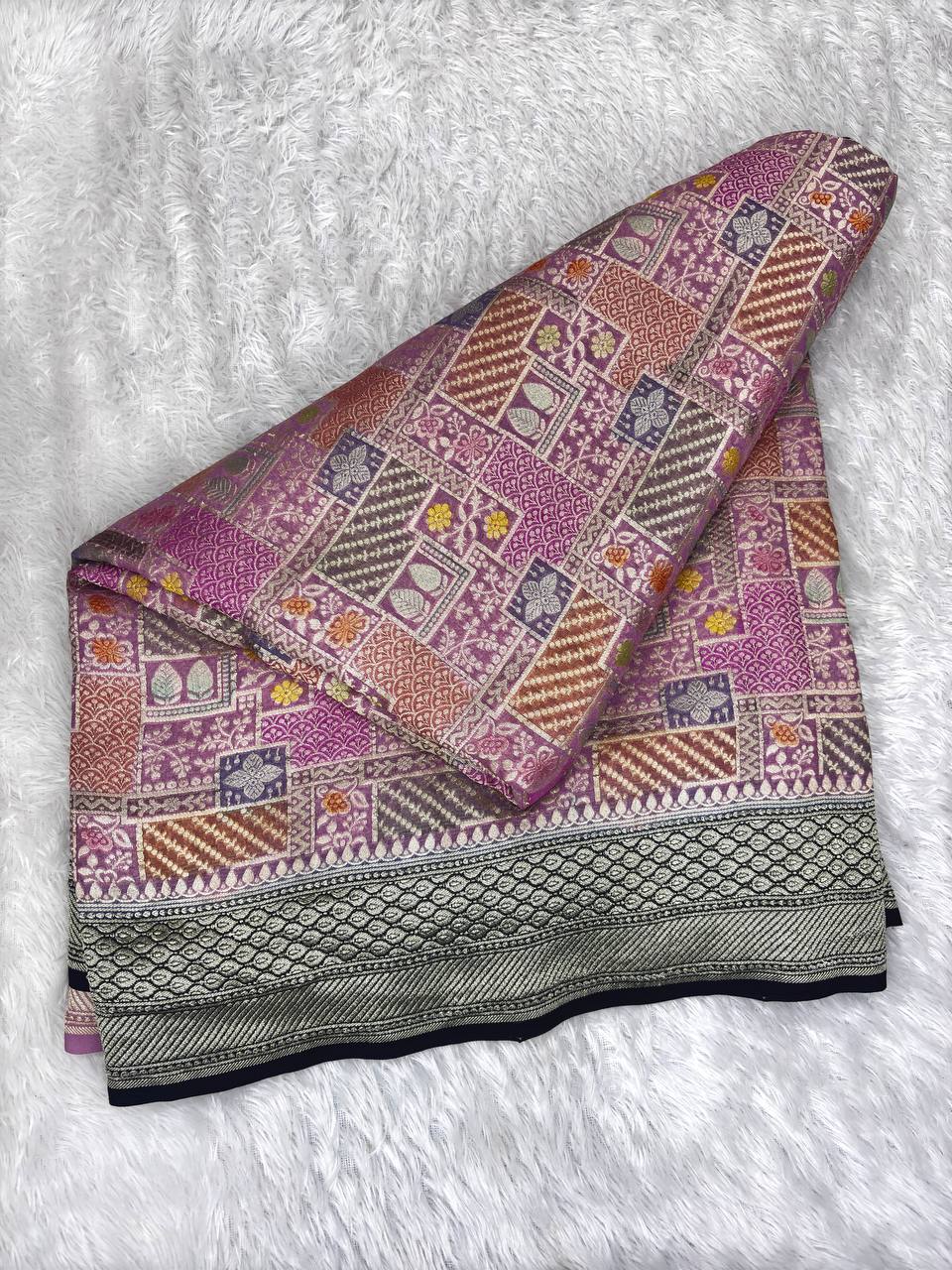 Midnight Navy Khaddi Georgette Saree with Kinkhwab Mosaic Jaal and Pastel Meenakari Butis