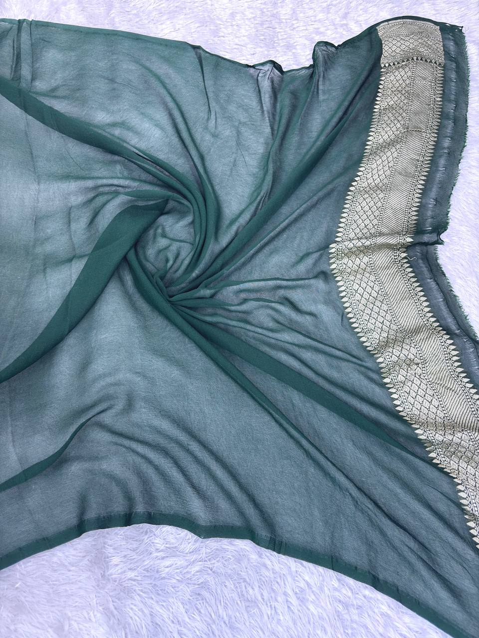 Forest Green & Ivory Khaddi Georgette Saree with Ornate Kinkhwab Jaal and Pastel Meenakari Florals