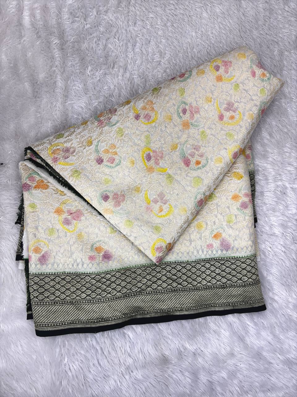 Forest Green & Ivory Khaddi Georgette Saree with Ornate Kinkhwab Jaal and Pastel Meenakari Florals