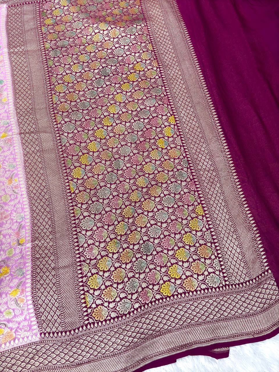 Lilac Purple Khaddi Georgette Saree with Ornate Kinkhwab Jungla and Pastel Meenakari Florals