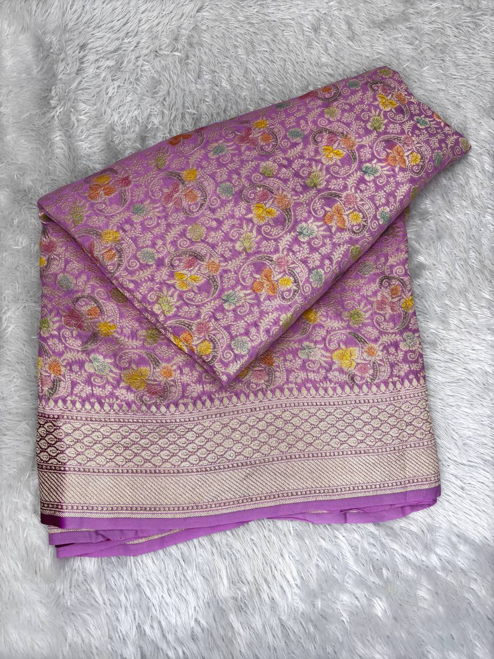 Lilac Purple Khaddi Georgette Saree with Ornate Kinkhwab Jungla and Pastel Meenakari Florals