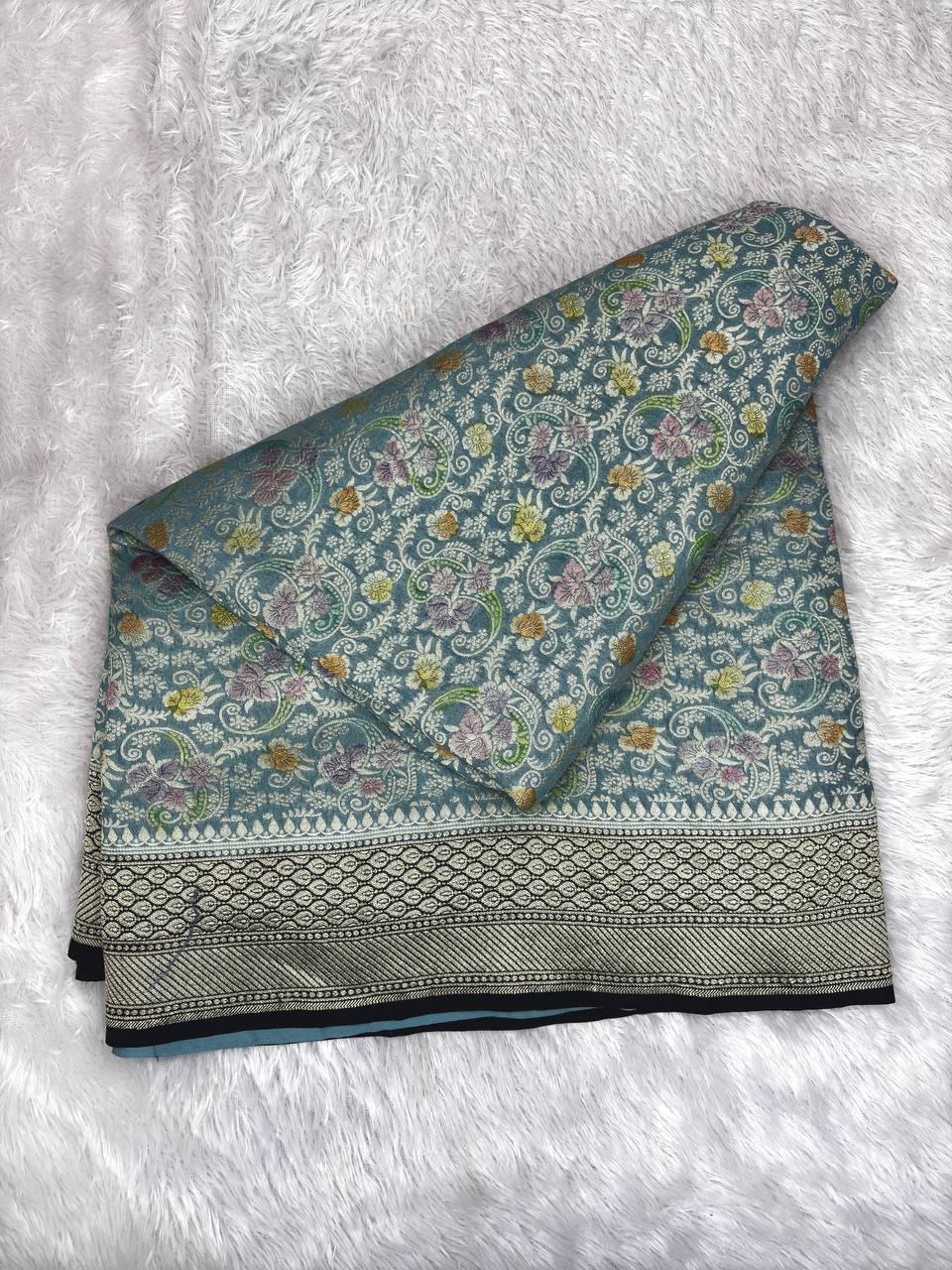 Steel Blue Khaddi Georgette Saree with Ornate Kinkhwab Jungla and Pastel Meenakari Florals
