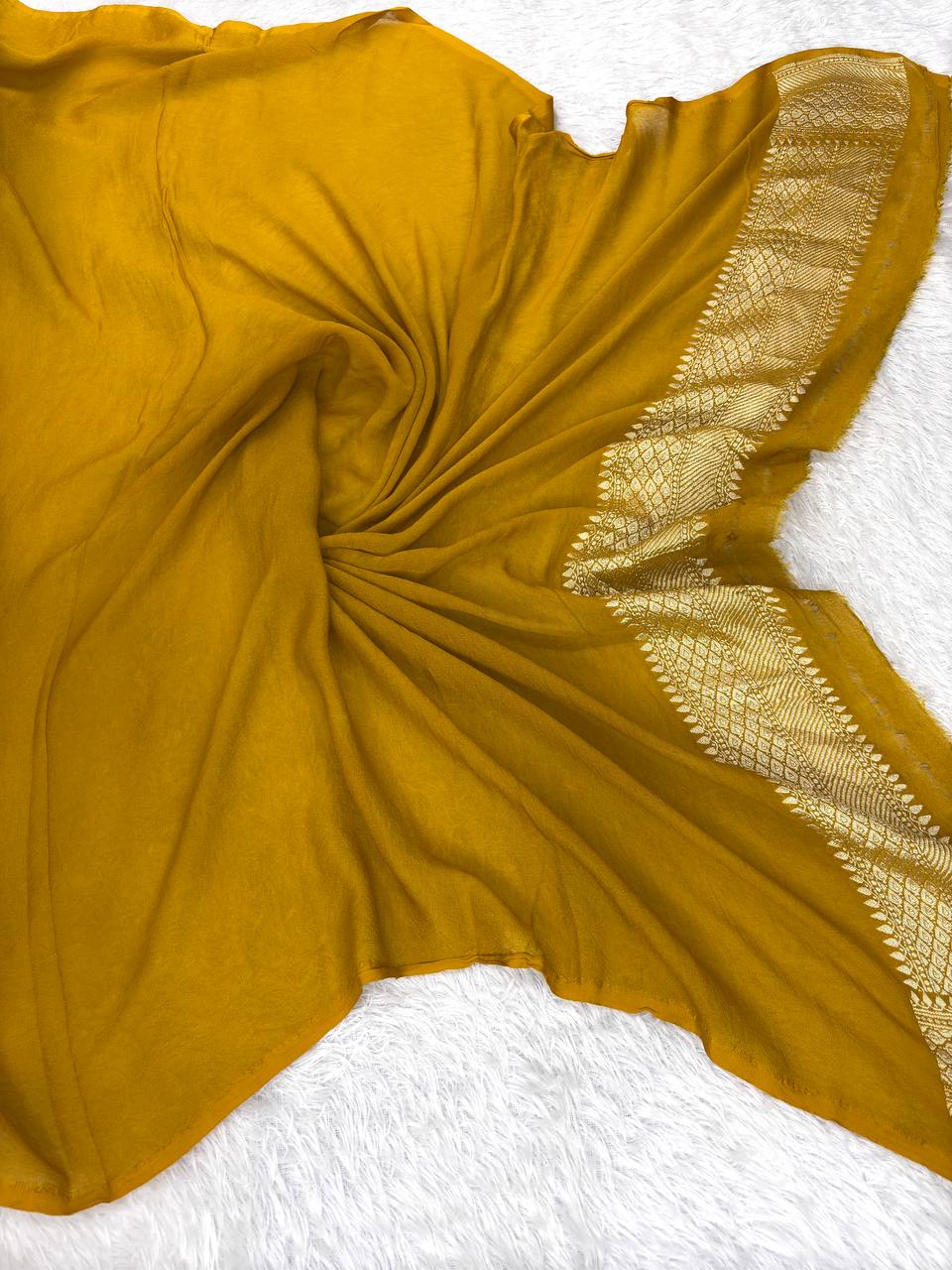 Olive Green Khaddi Georgette Saree with Ornate Kinkhwab Jungla and Vibrant Meenakari Florals