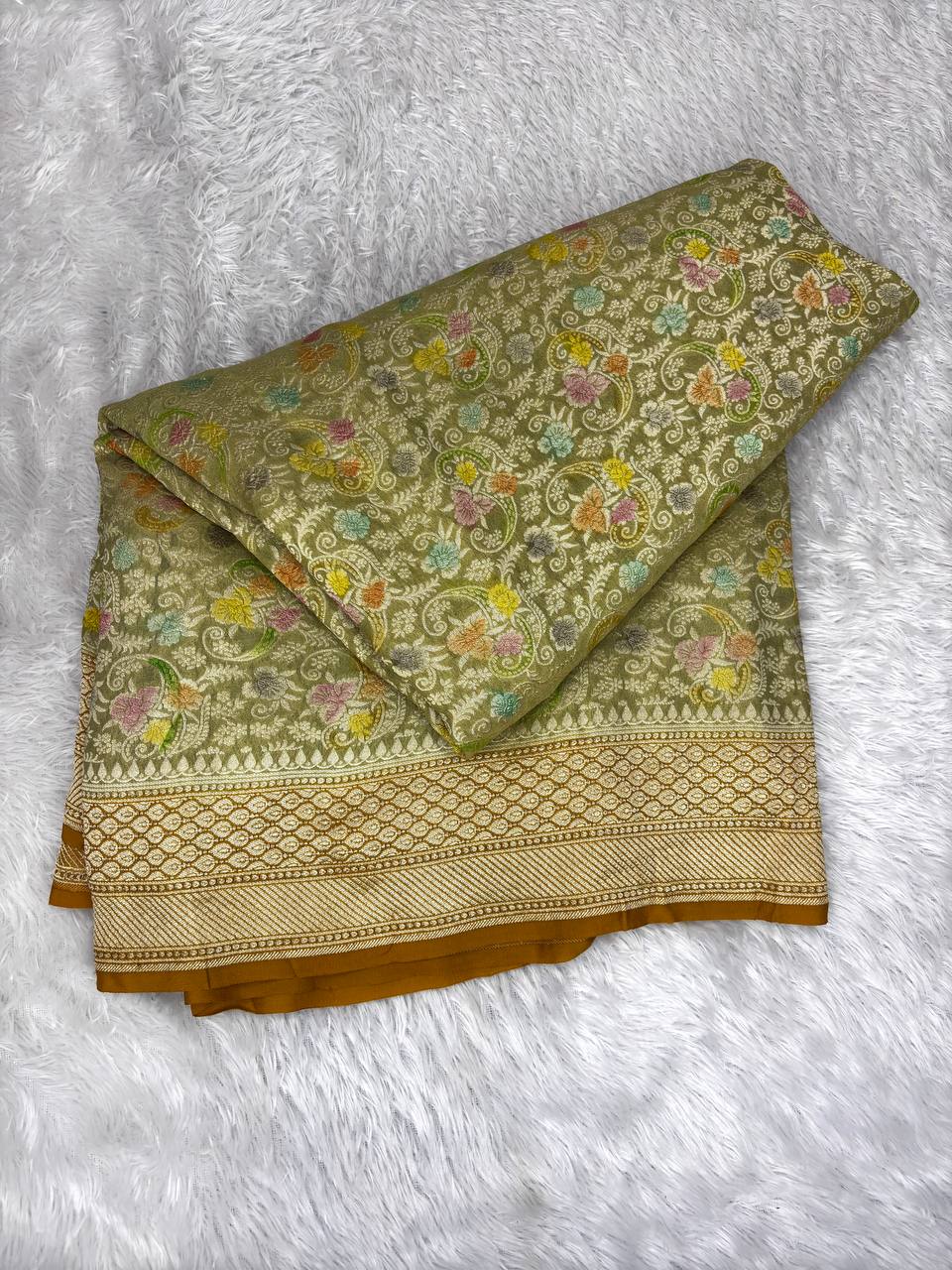 Olive Green Khaddi Georgette Saree with Ornate Kinkhwab Jungla and Vibrant Meenakari Florals