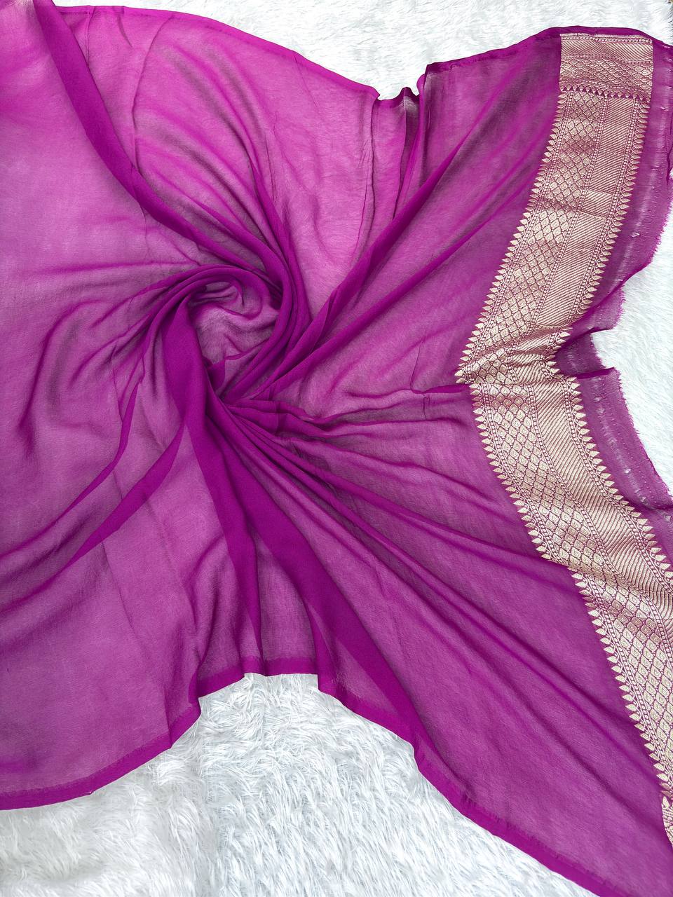 Steel Grey Khaddi Georgette Saree with Magenta Kinkhwab Borders and Pastel Meenakari Jungla