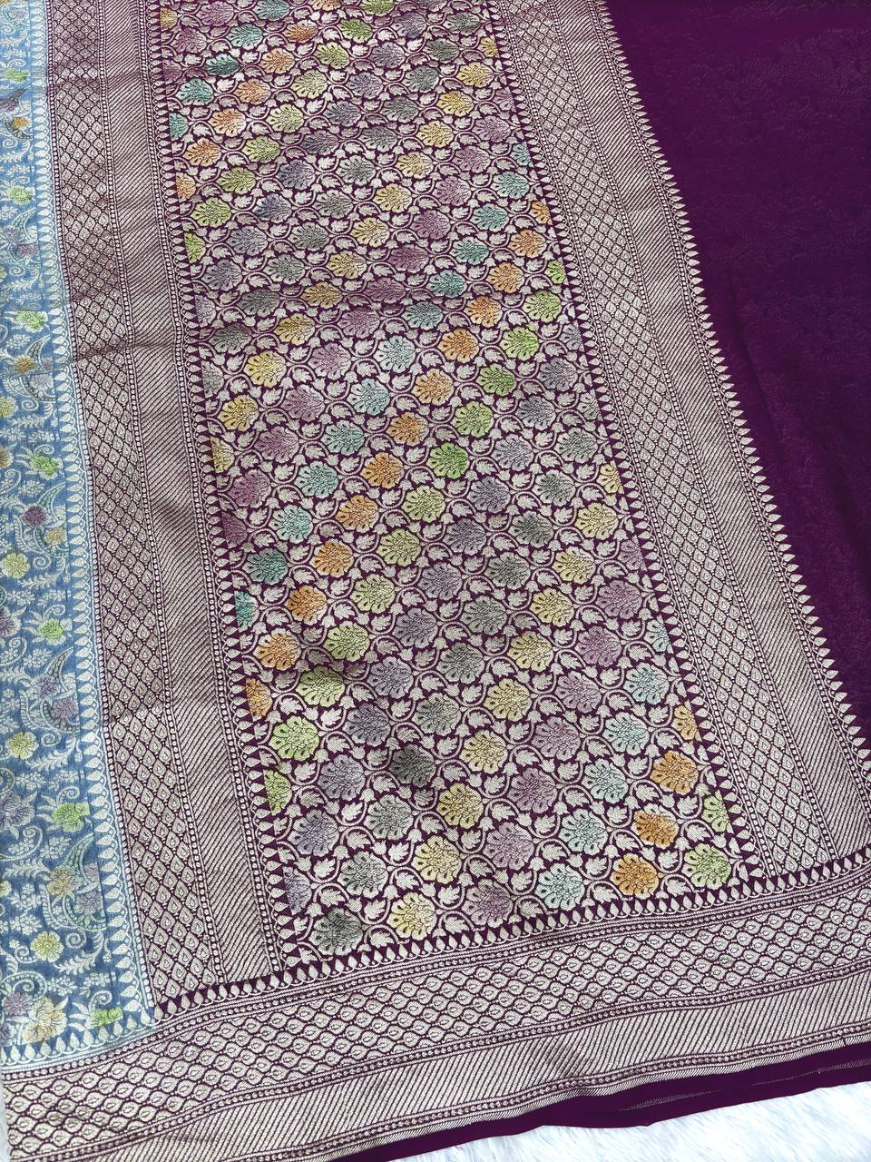 Steel Grey Khaddi Georgette Saree with Magenta Kinkhwab Borders and Pastel Meenakari Jungla