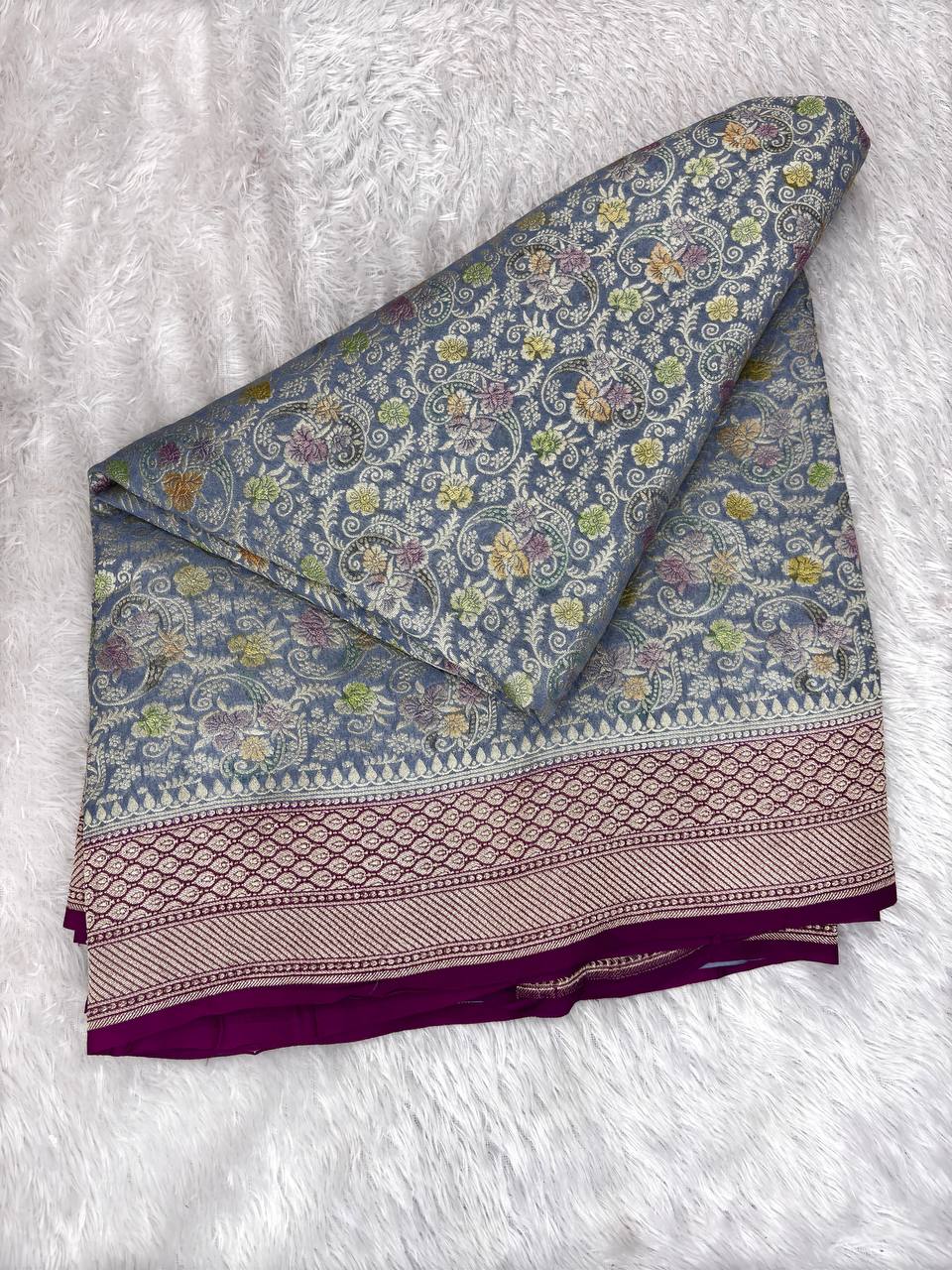 Steel Grey Khaddi Georgette Saree with Magenta Kinkhwab Borders and Pastel Meenakari Jungla